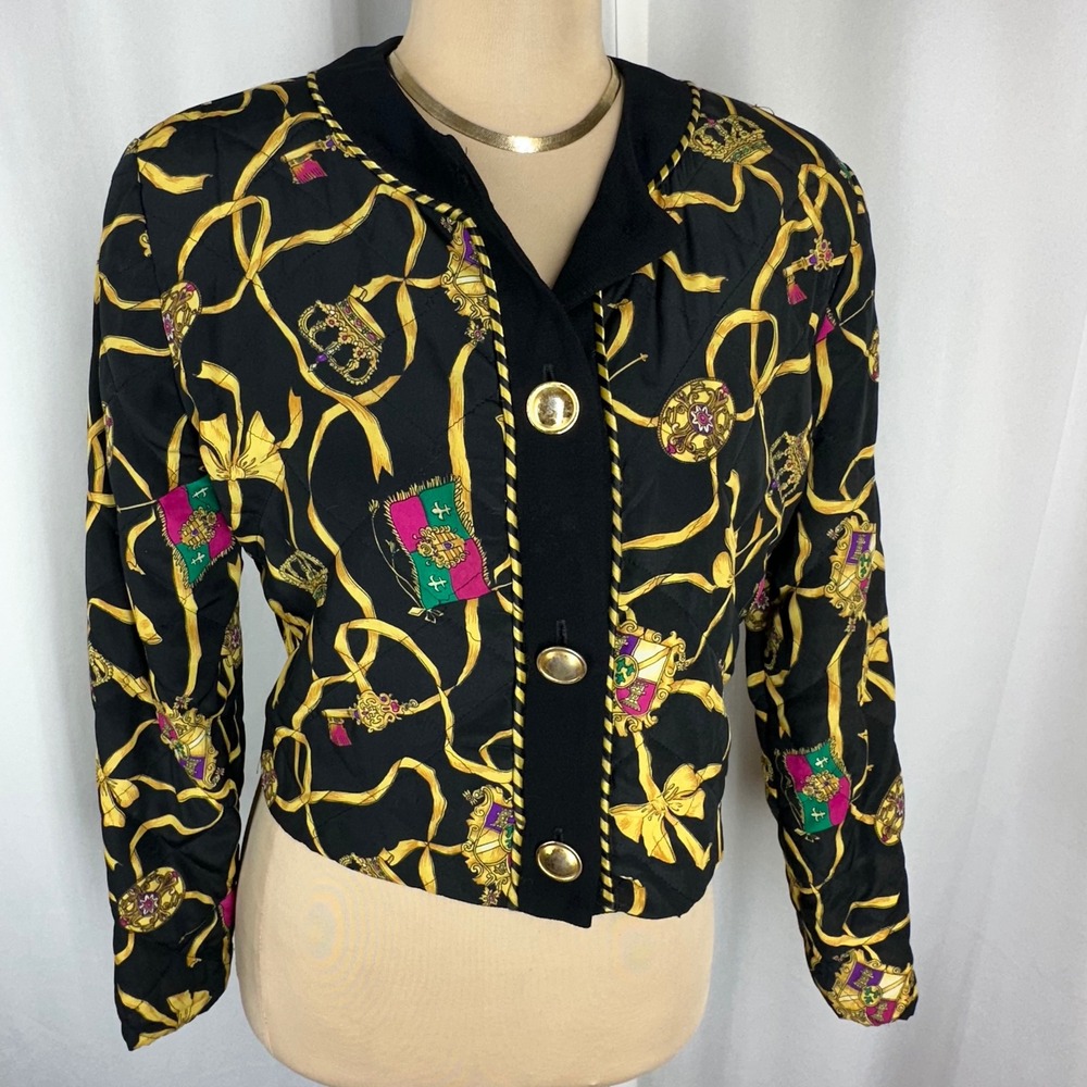 Vintage Henri Bendel Black Gold Baroque Crown Bow Print Cropped Jacket S/M READ
